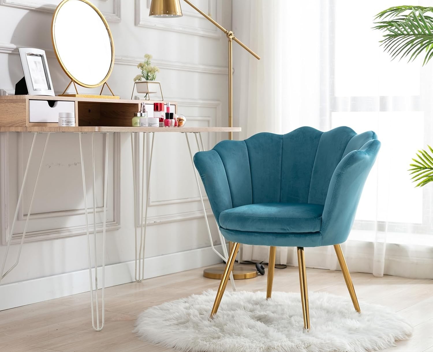 Blue Velvet Lounge Chair Gold Legs | Petal Back Armchair for Bedroom
