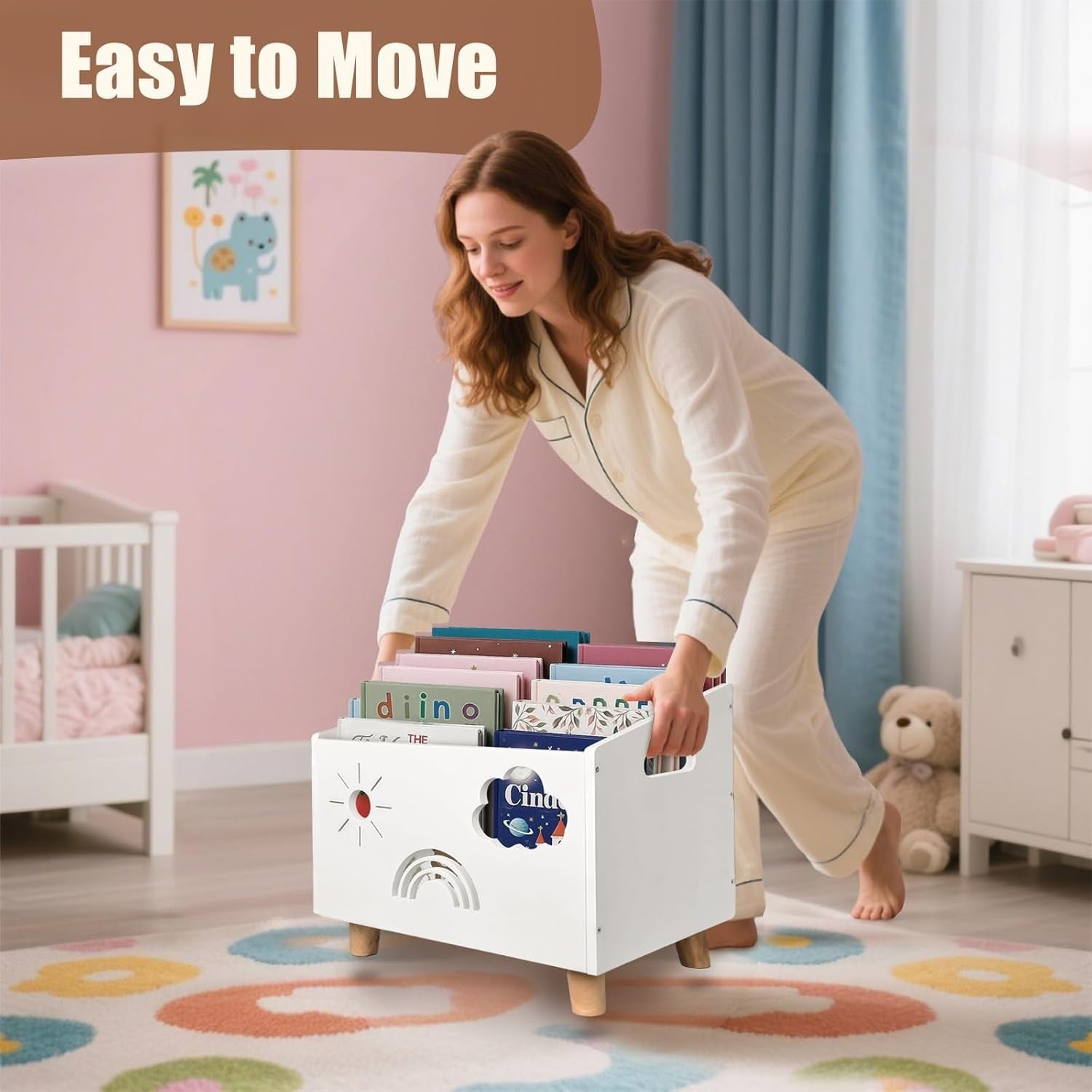 Wood Kids Bookshelf with Adjustable Dividers Montessori Toddler Book Rack