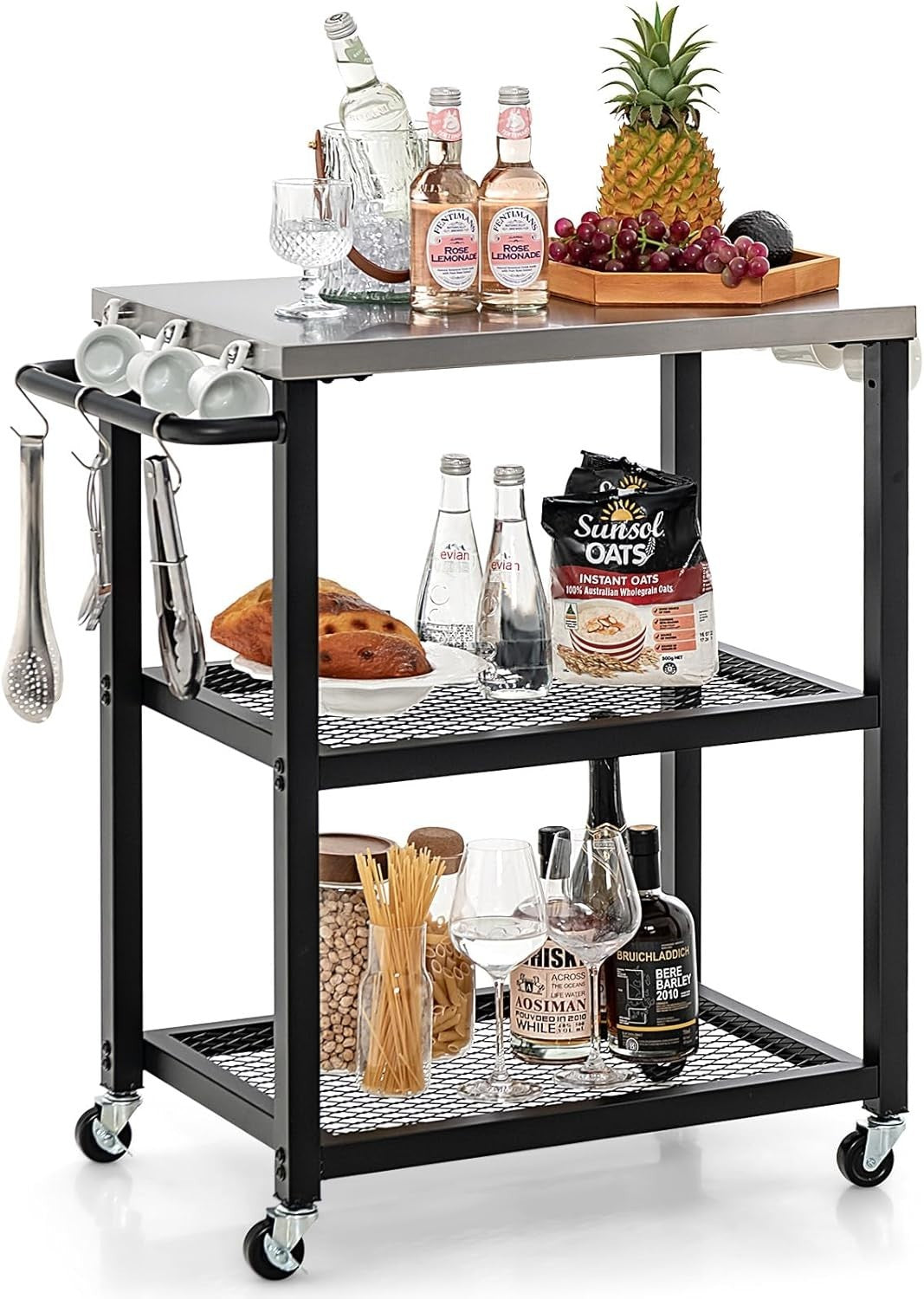 3-Tier Outdoor Grill Cart Pizza Oven Stand Stainless Steel Top BBQ Trolley 72x41