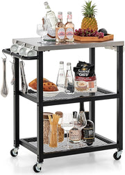 3-Tier Outdoor Grill Cart Pizza Oven Stand Stainless Steel Top BBQ Trolley 72x41