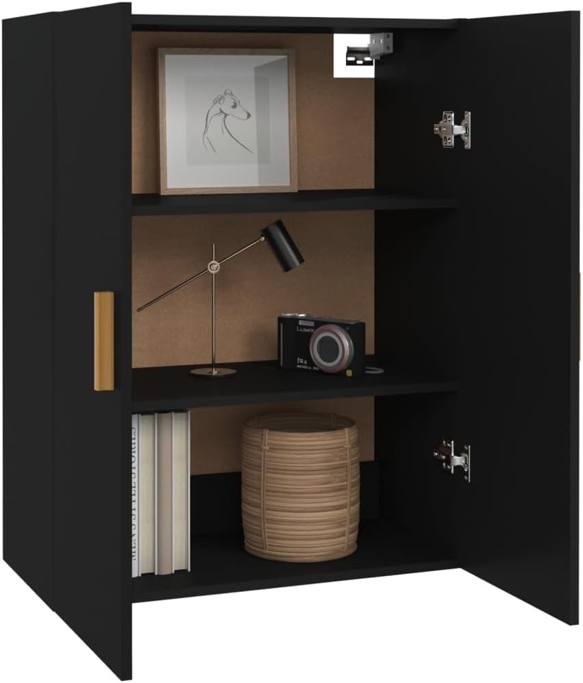 Black Wall Cabinet Storage Unit with Doors, 3 Compartments, Modern Look