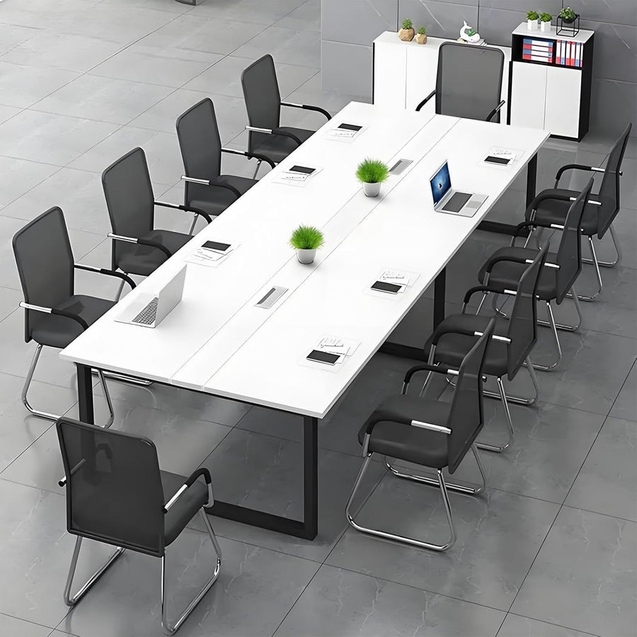 160x100cm White Office Meeting Table w/ Cable Ports + Adjustable Feet