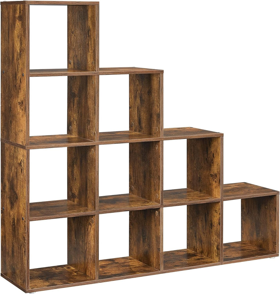 10-Tier Rustic Brown Cube Shelf – Large Open Display Bookcase for Home & Office
