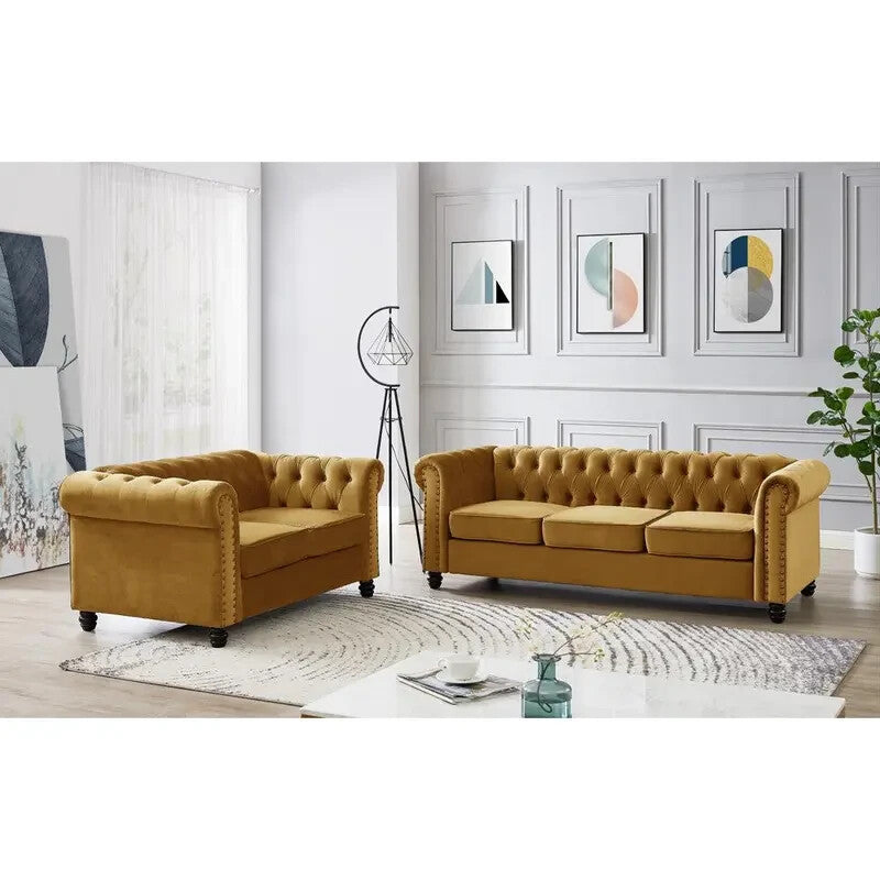 3 Seater Chesterfield Sofa Gold Velvet Scroll Arms Tufted Back Living (SV)