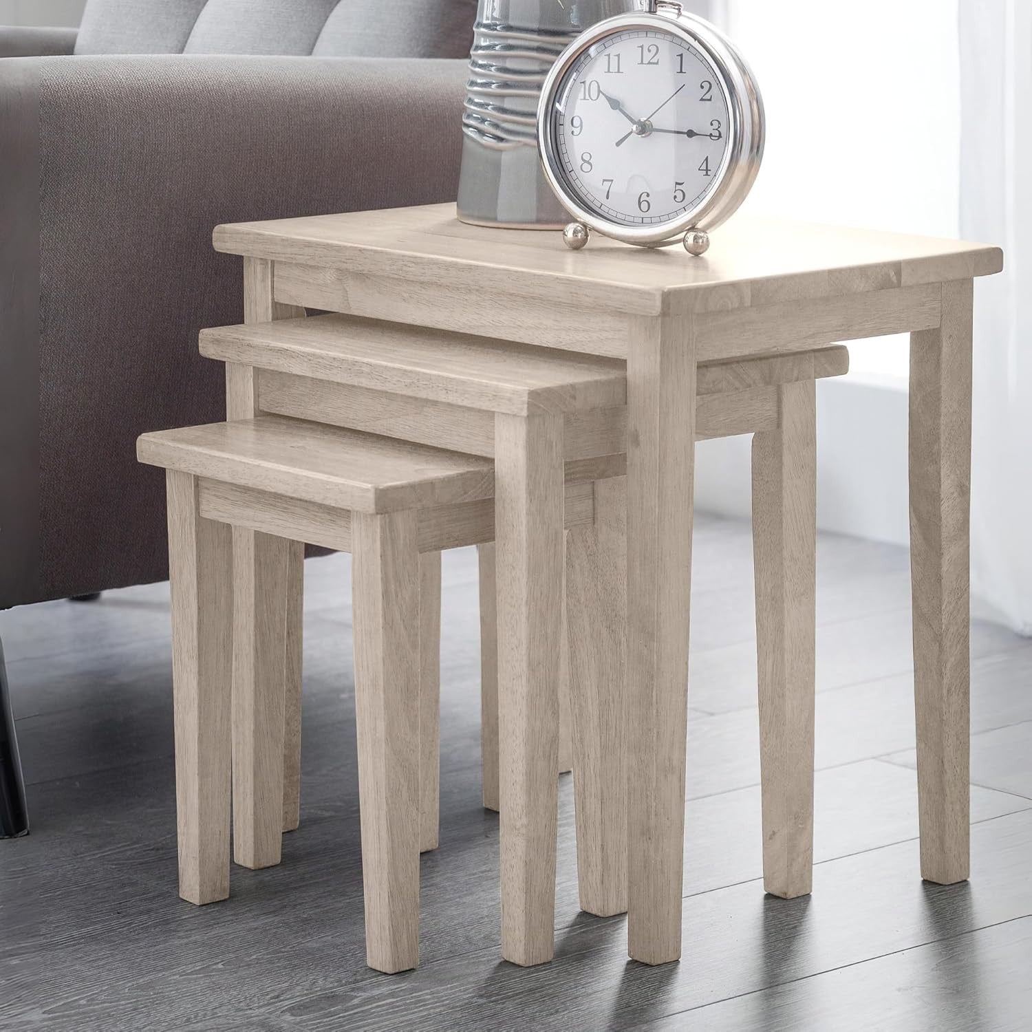 Nest of 3 White Wash Wood Coffee Side Tables Mid-Century Modern Stacking Set
