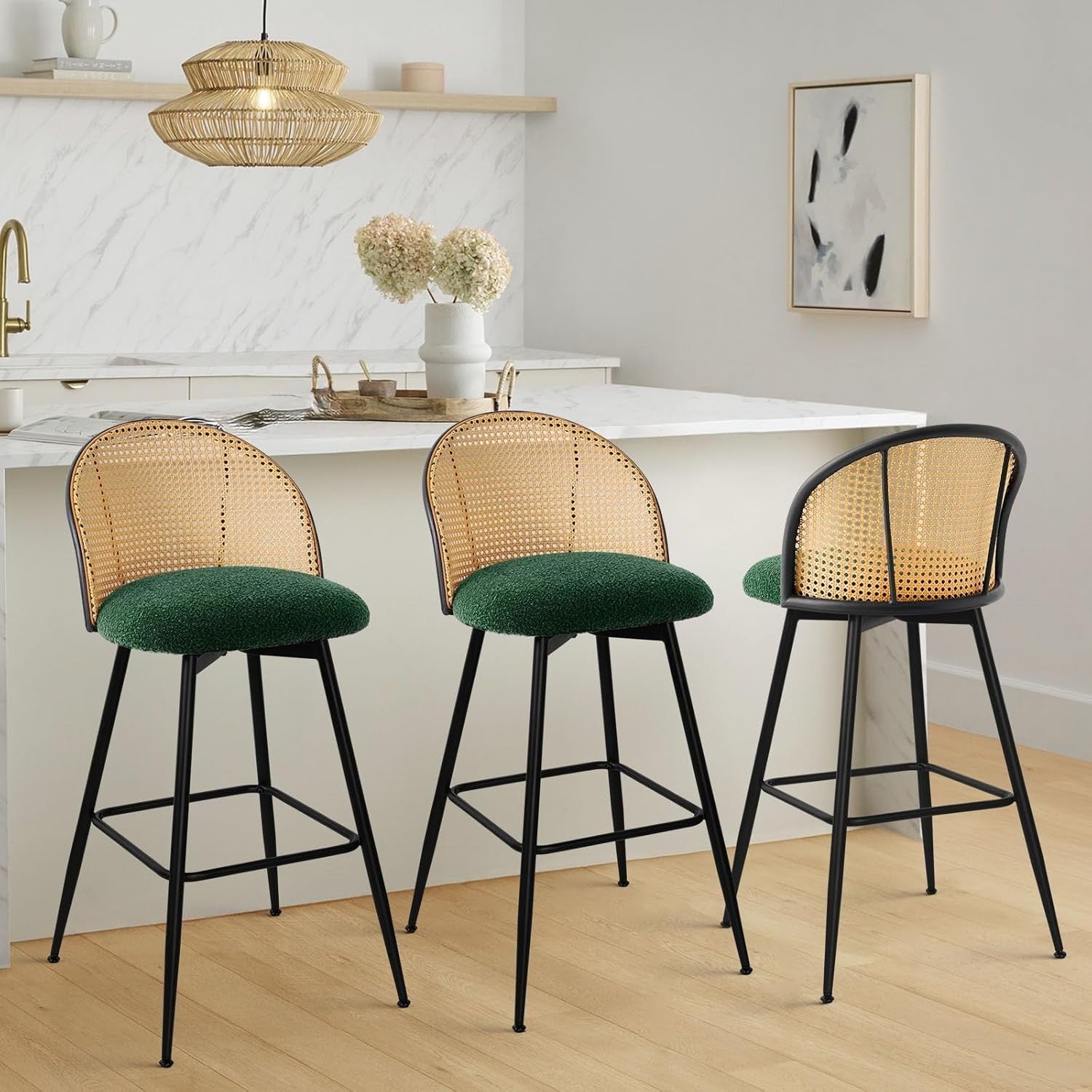 Set of 4 Swivel Bar Stools Rattan Back Upholstered Counter Height Kitchen Seats