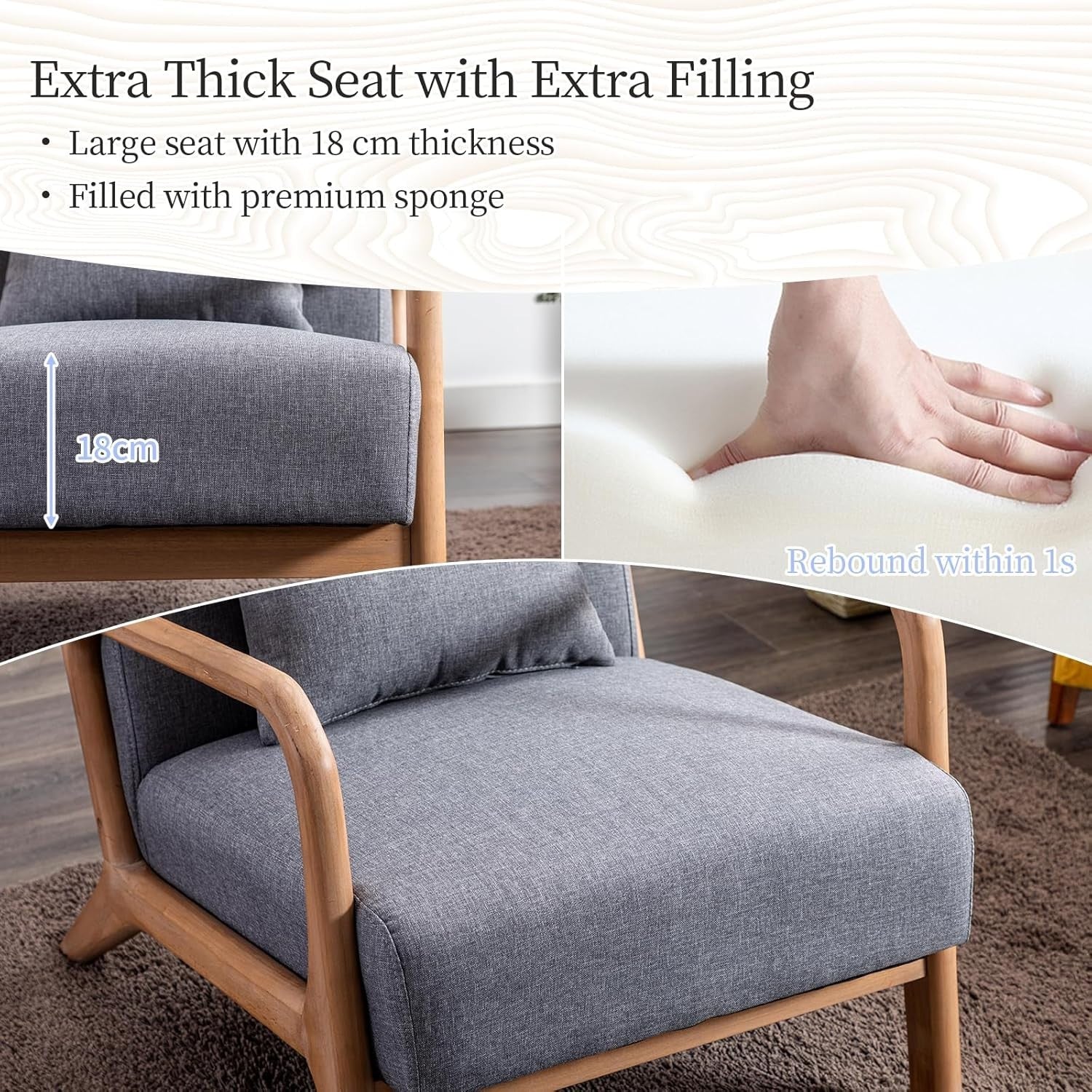 Modern Mid-Century Accent Armchair Grey High Back Foam Cushion Wood Legs