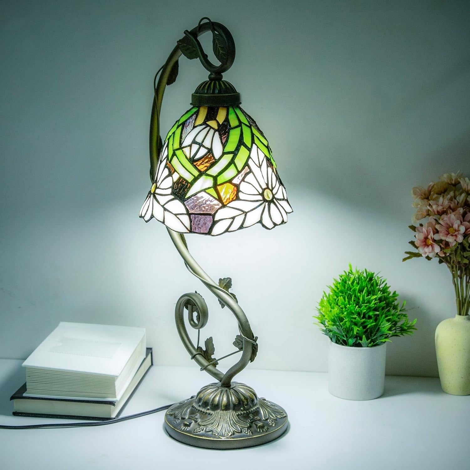 Stained Glass Table Lamp Dimmable LED Remote 3 Light Modes for Bedroom
