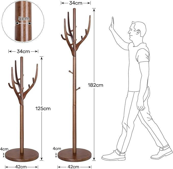 Solid Wood Coat Rack Stand 182cm Hall Tree with 12 Hooks Round Base