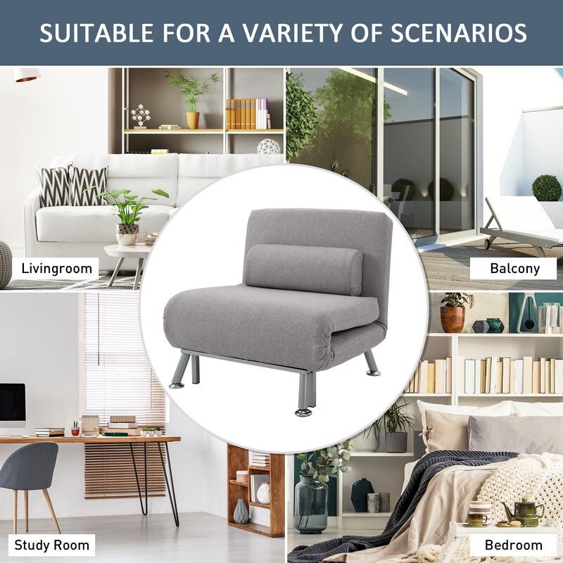 5-Position Folding Chair Bed Grey Guest Sofa Sleeper w/ Pillow & Suede Look