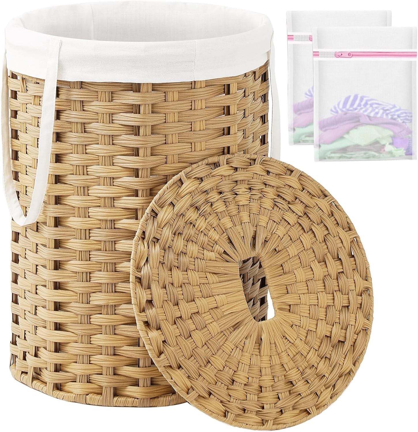 72L Round Wicker Laundry Basket with Lid Large Rattan Hamper Natural Storage