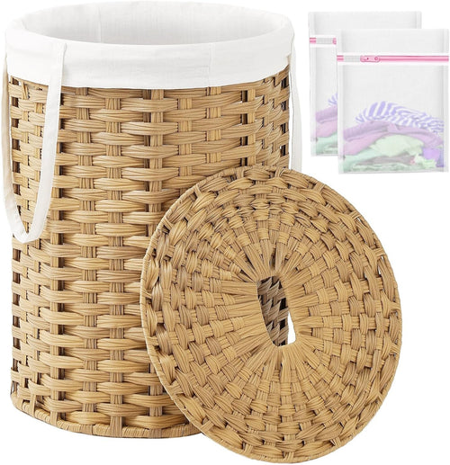 72L Round Wicker Laundry Basket with Lid Large Rattan Hamper Natural Storage