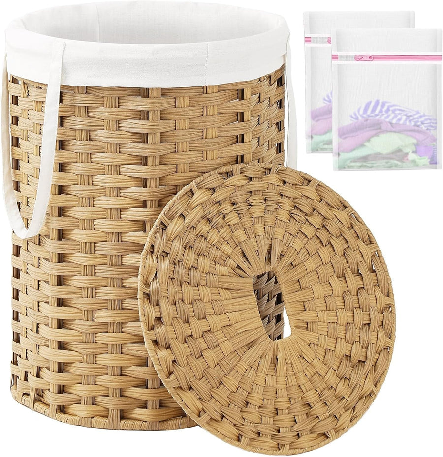 72L Round Wicker Laundry Basket with Lid Large Rattan Hamper Natural Storage