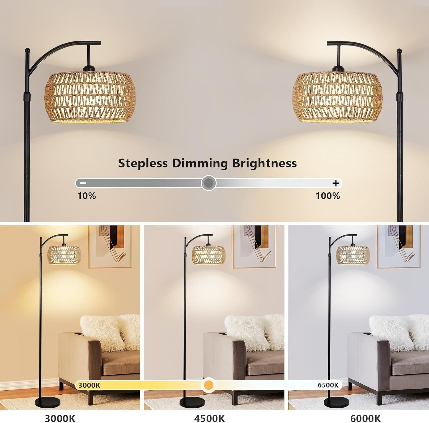Adjustable Rattan Arc Floor Lamp with Remote, Dimmable LED Light for Living Room