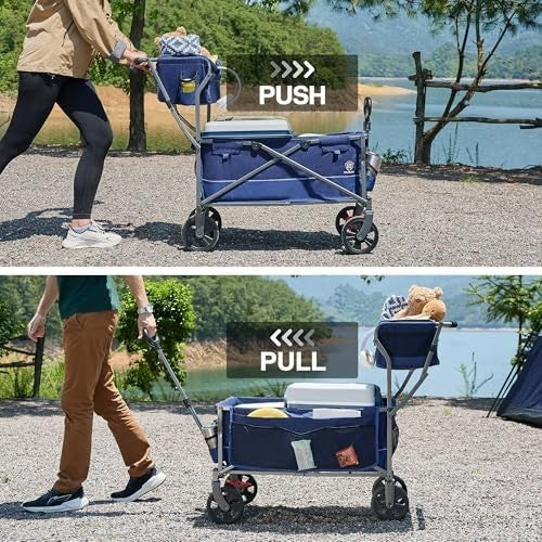 Foldable Heavy Duty Festival Trolley Push & Pull Wagon with Basket Blue