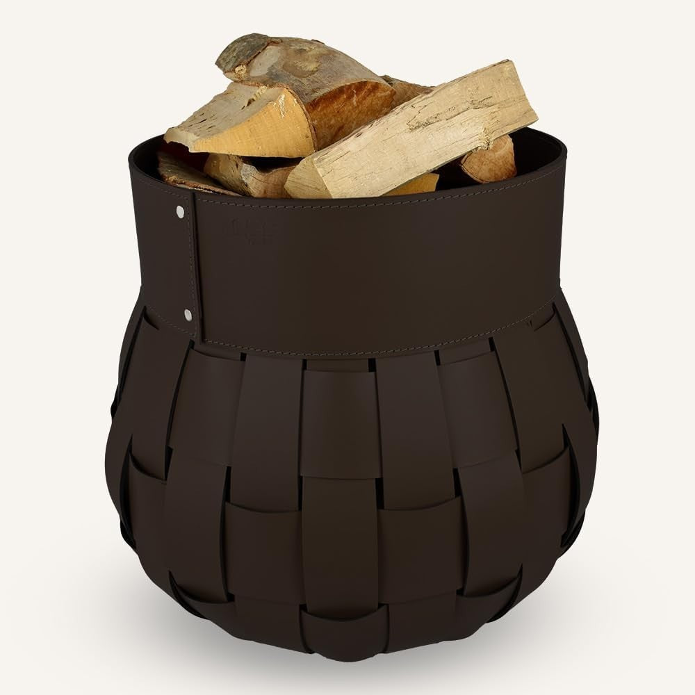 Dark Brown Leather Firewood Basket with Wheels – Indoor Log Holder, 45x45x48 cm