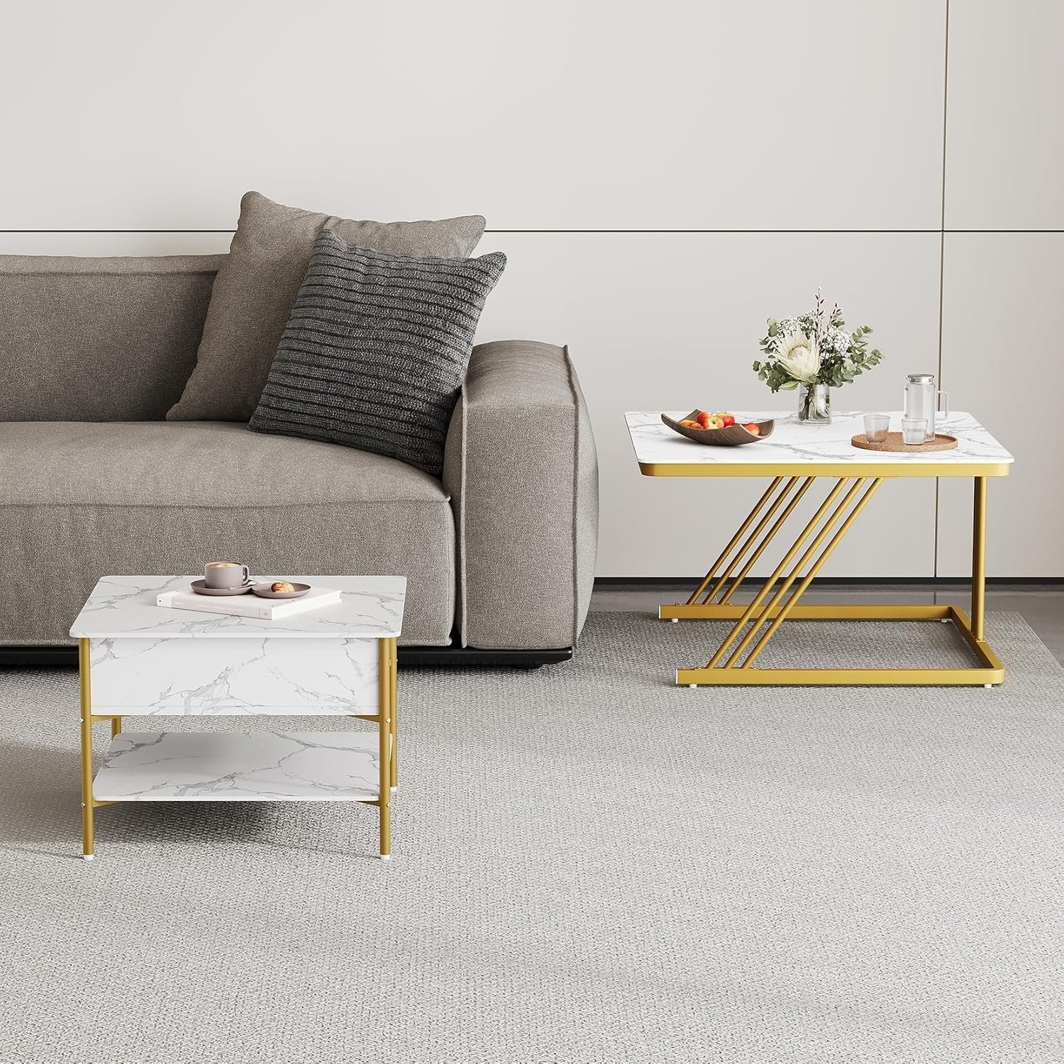 Nesting Coffee Table Set 2 Square Lift Top Storage Gold White Living Room