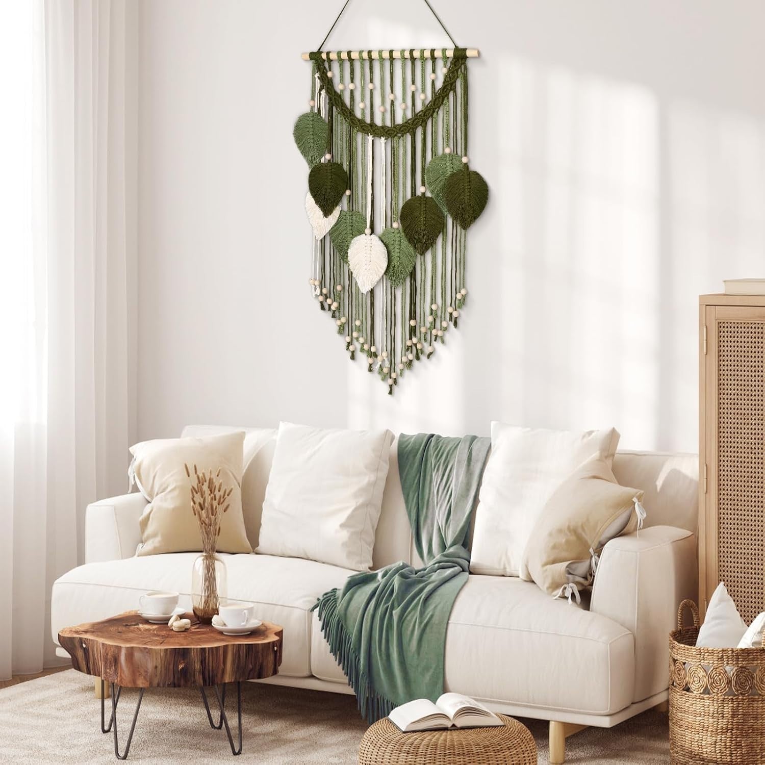 Macrame Wall Hanging Boho Leaf Woven Decor Green & White