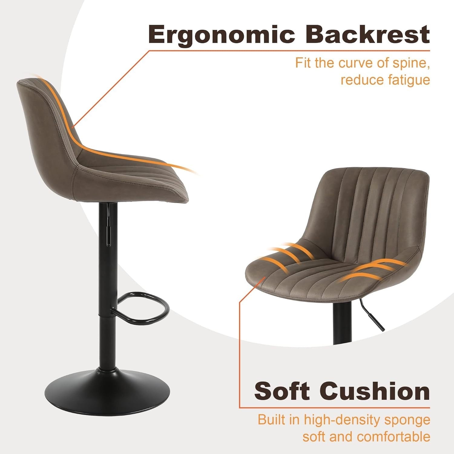 Brown Adjustable Swivel Bar Stools Set of 2 PU Counter Chairs