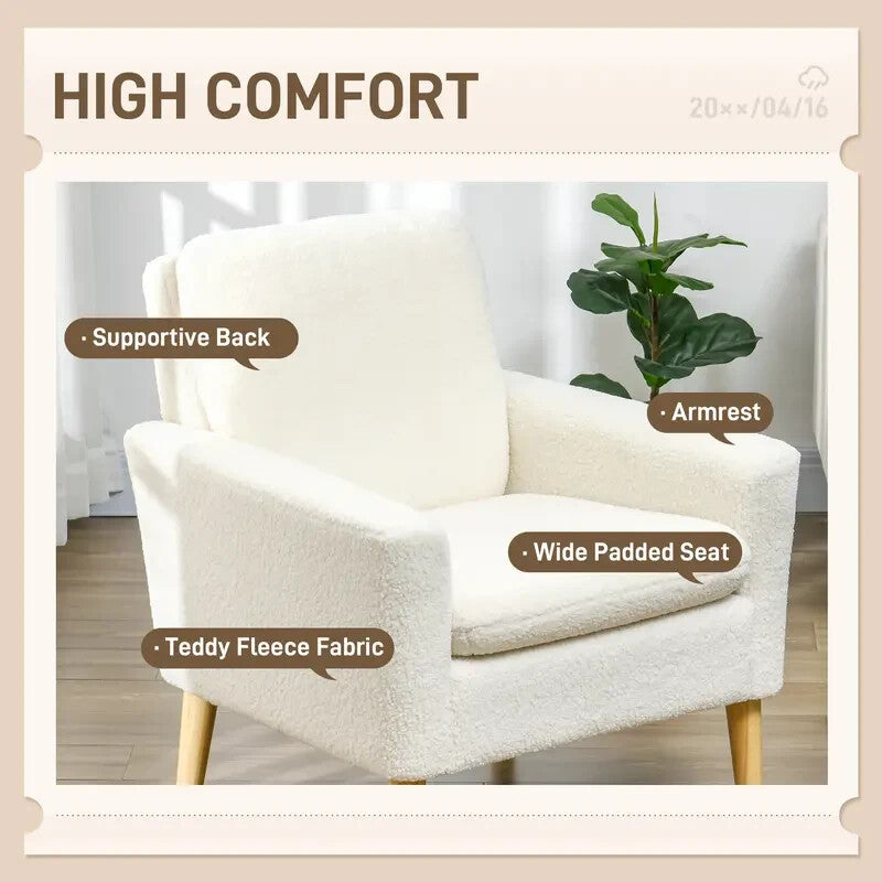 Cream Teddy Armchair Upholstered Lounge Sofa Chair Wooden Legs Seat
