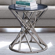 Modern Silver Side Table Round 50cm, Glass Top & Steel Frame, No Assembly