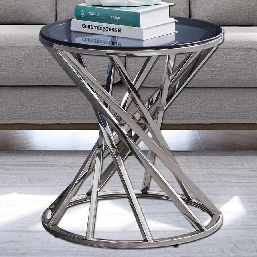 Modern Silver Side Table Round 50cm, Glass Top & Steel Frame, No Assembly