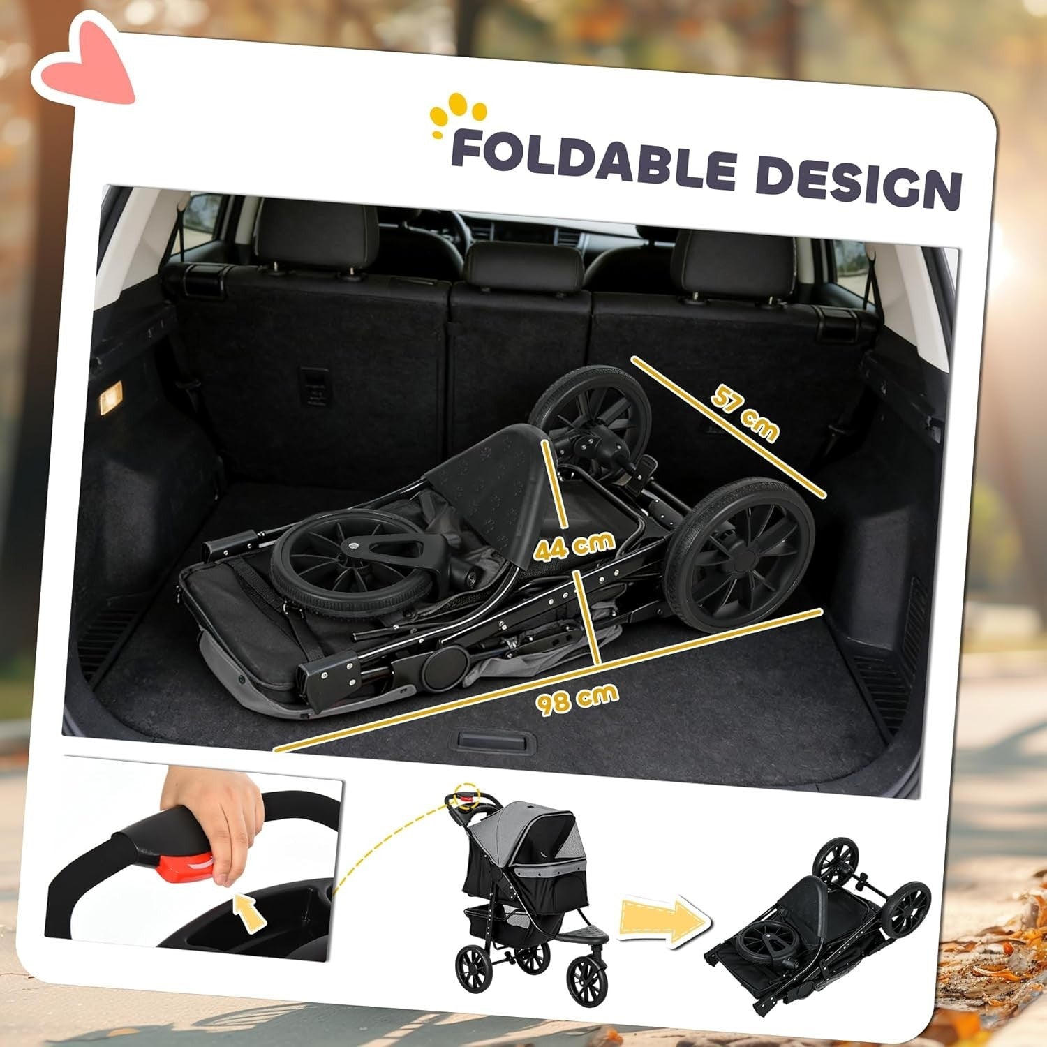 Foldable 3-Wheel Pet Stroller Grey Dog Pram Small Dogs Cats Pushchair