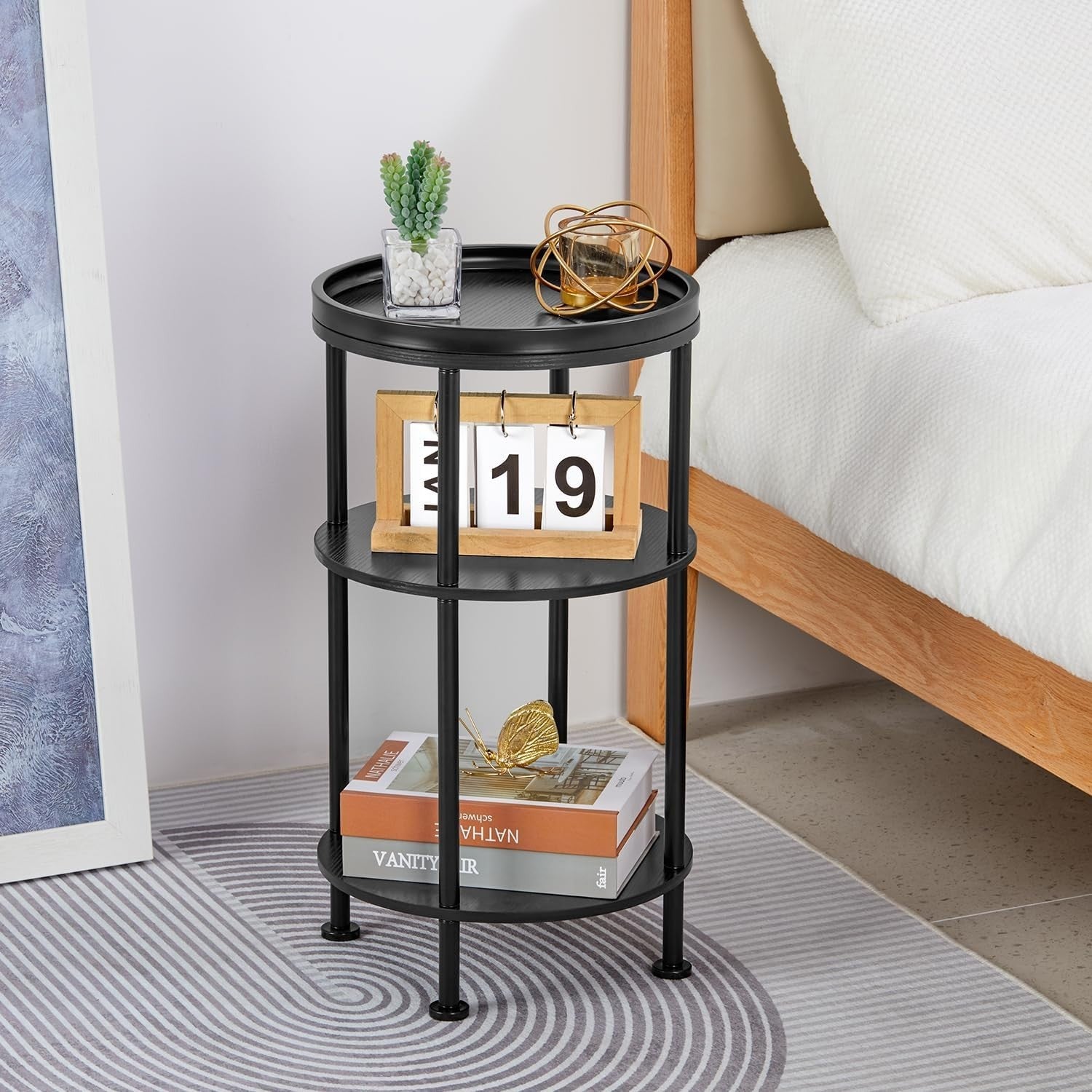 3 Tier Round Side Table with Storage Shelf Metal Frame Small Space 30x55cm