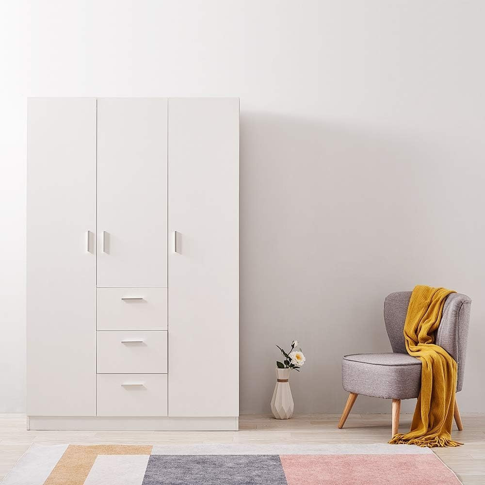 3 Door 3 Drawer Bedroom Wardrobe with Hanging Rail & Storage Shelves White