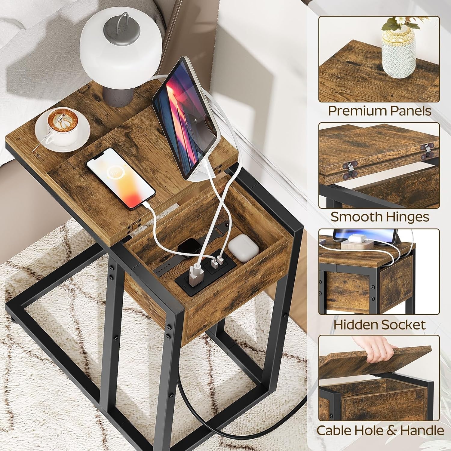 C Shaped Side Table with USB Ports, Outlet & Storage, Small Rustic End Table