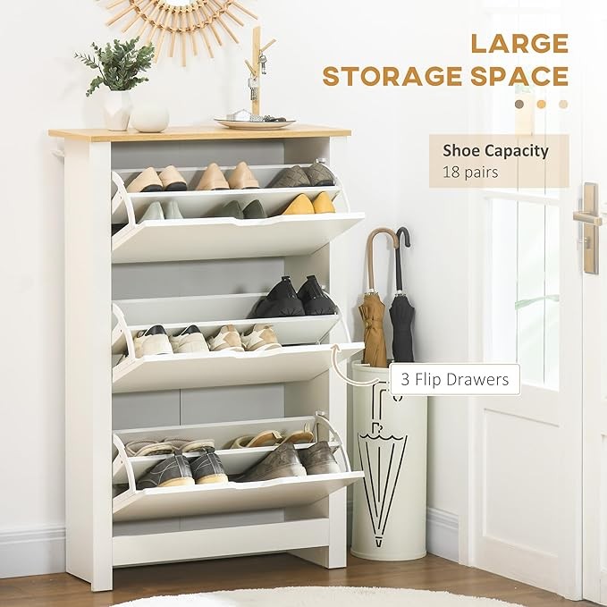 White 3 Drawer Shoe Cabinet with Flip Doors, Adjustable Shelves Hallway Storage