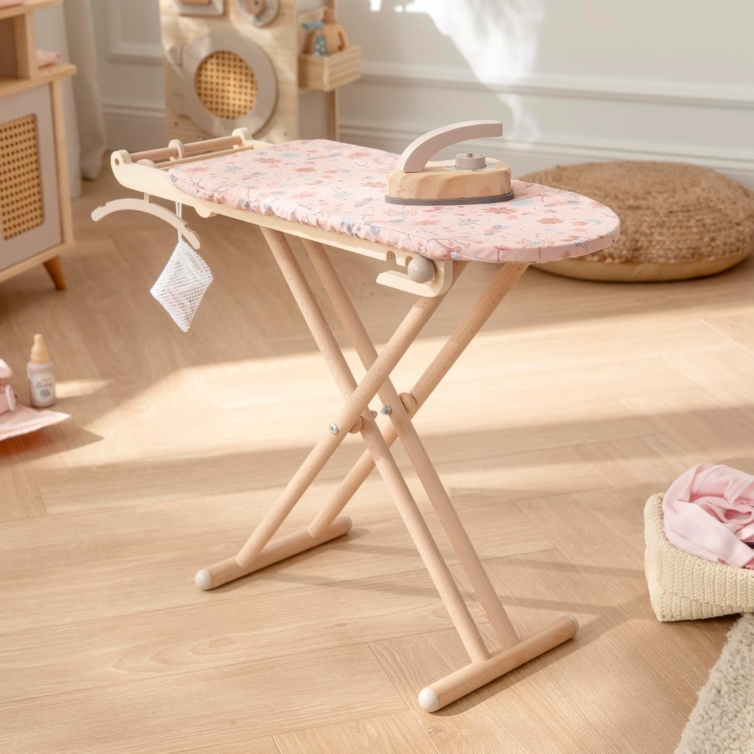 Kids Wooden Ironing Board Play Set Height Adjustable Foldable Toy with Iron