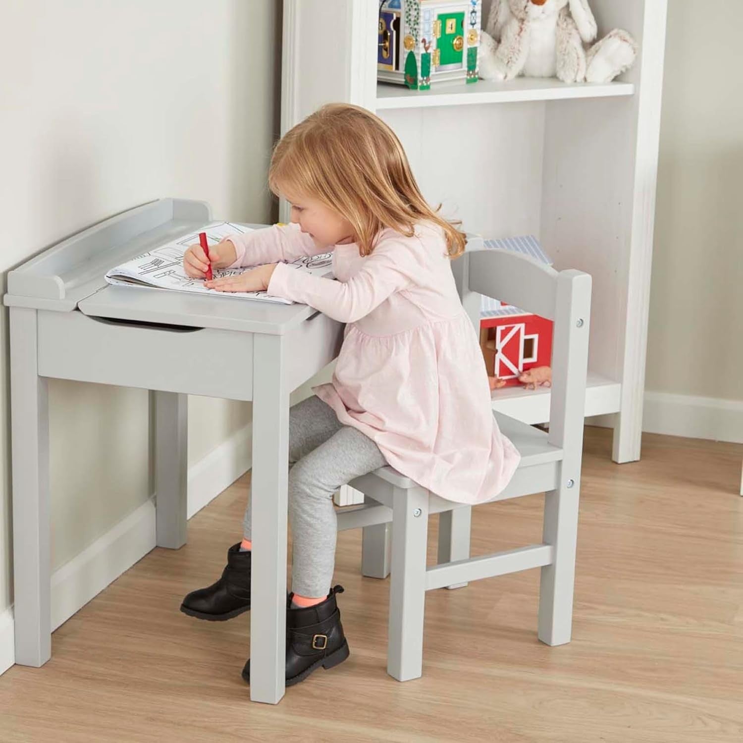 Kids Lift-Top Desk & Chair Set, Grey Wood, Compact 46x16.5x65cm