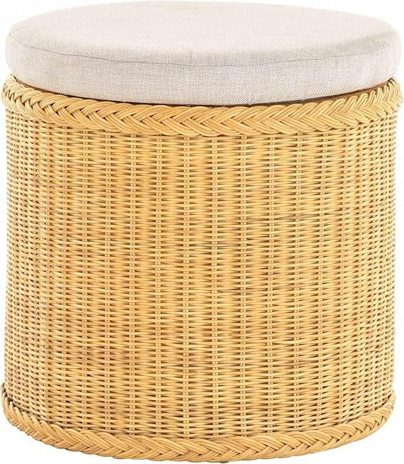 Round Rattan Laundry Basket Seat with Lid, 47×47×50cm Honey Storage Chest