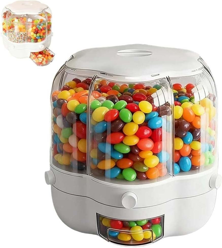 360° Rotating Candy Dispenser 6 Compartment Grain Snack Storage Bin