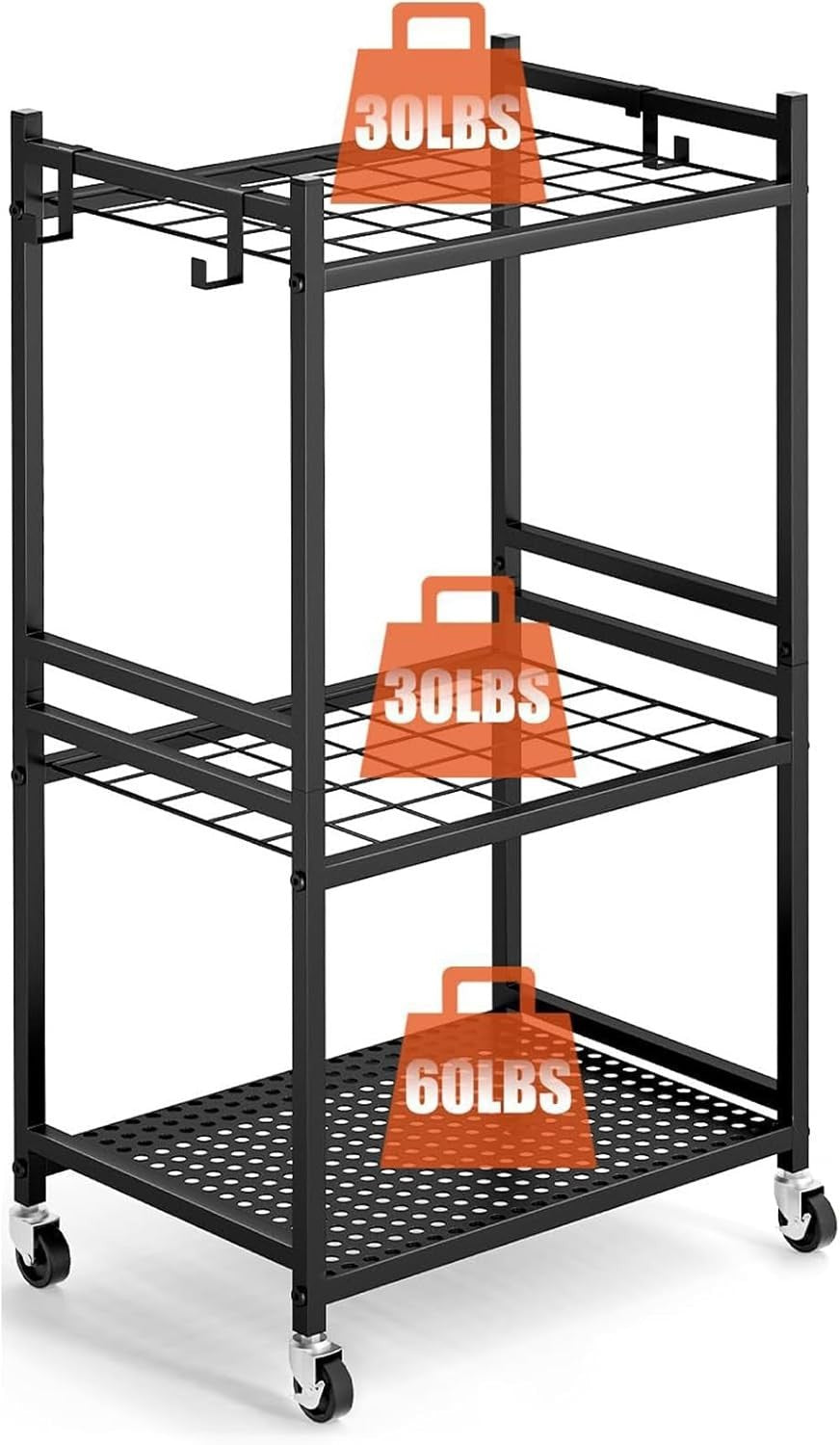 Black Metal Garden Tool Organizer 35 Slots 3 Shelves Wheels Rack