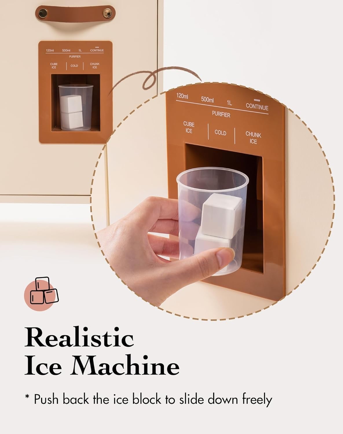 Wooden Kids Play Kitchen w/ Ice Dispenser Vintage Cream Toy