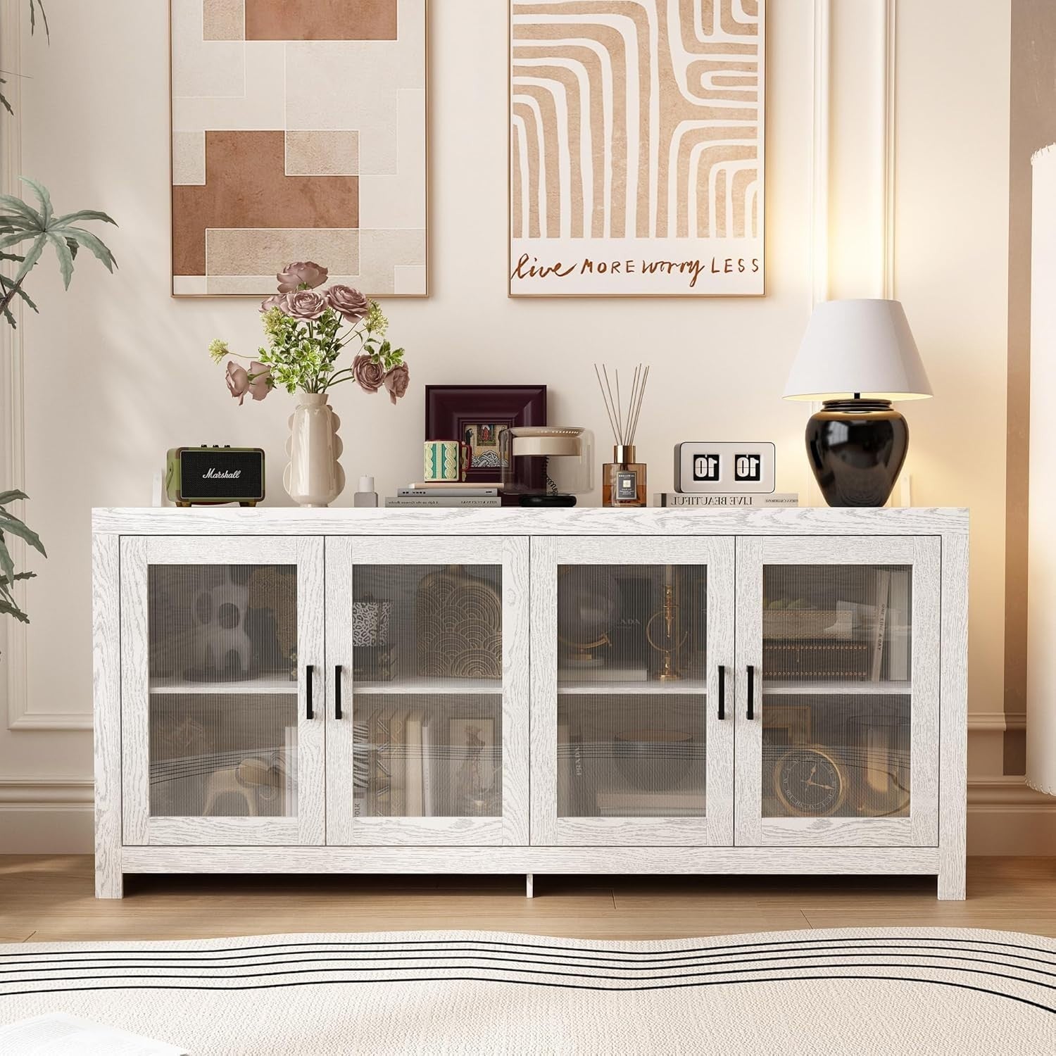 Modern White Sideboard Buffet Cabinet 4 Door Glass Storage Unit 180cm