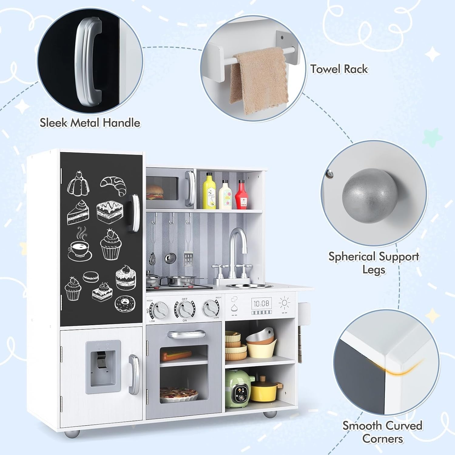 Kids Wooden Play Kitchen Lights Sounds Water Dispenser White Silver