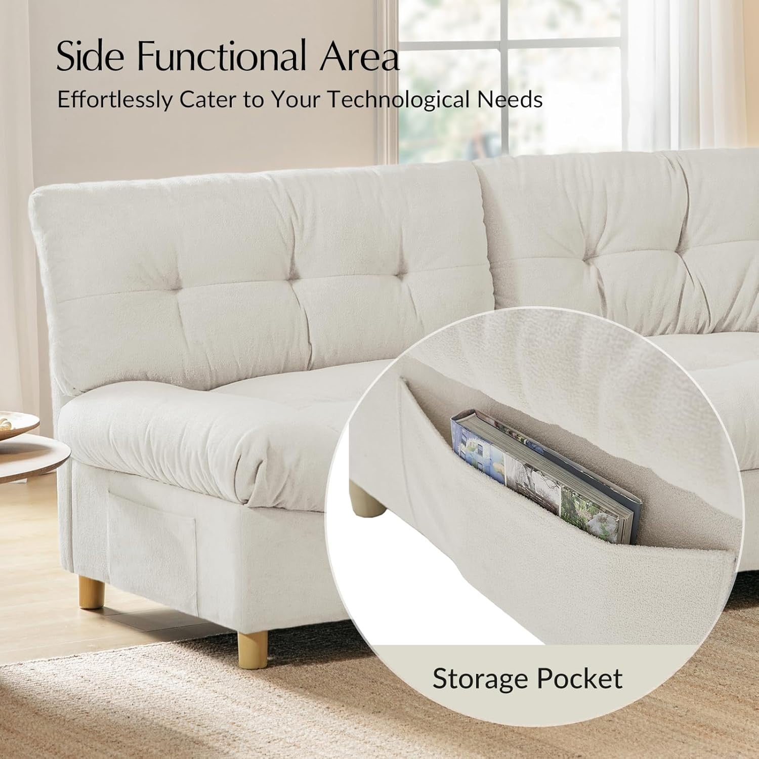Beige 2 Seater Sofa Deep Seat Loveseat with Storage Modern Tufted Couch