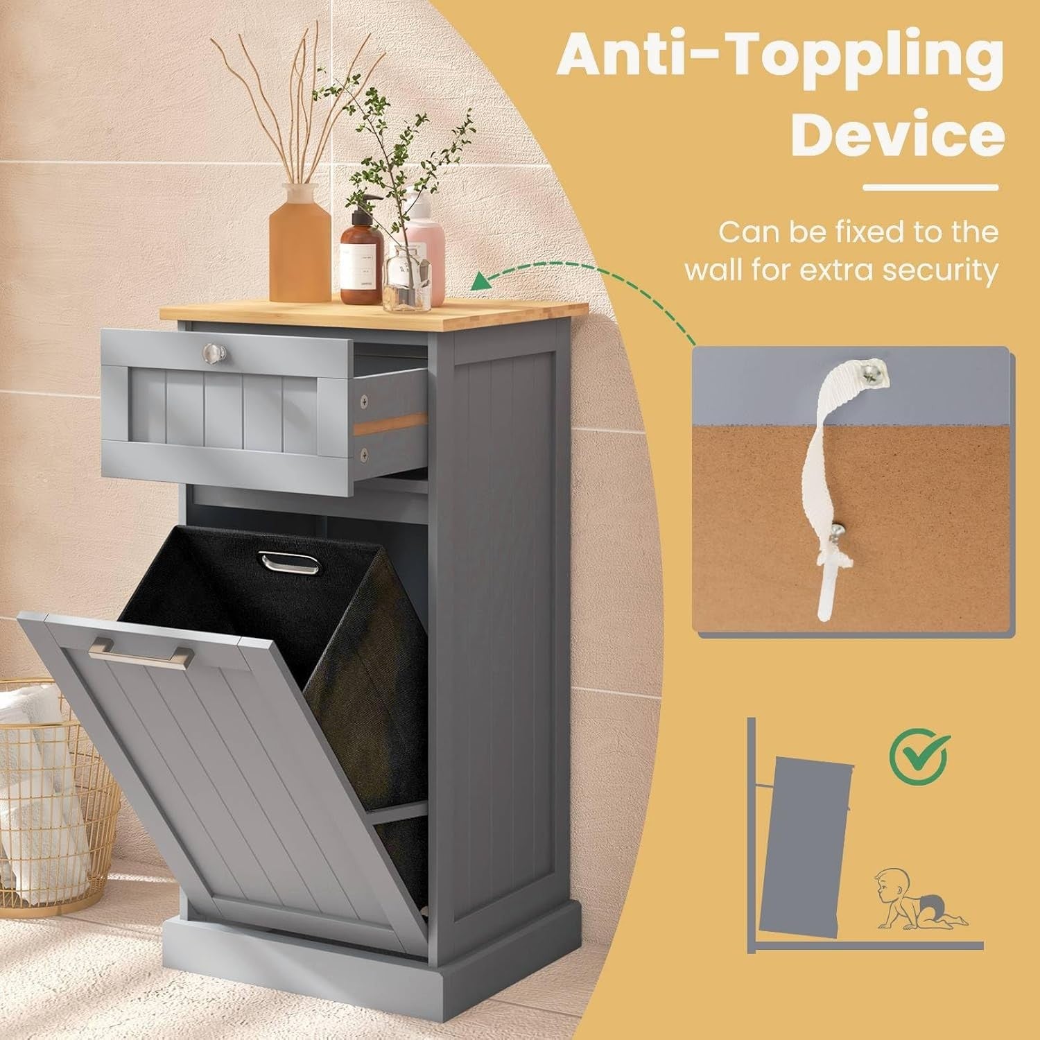 Grey 30L Tilt-Out Laundry Cabinet With Drawer Bamboo Top Modern Storage