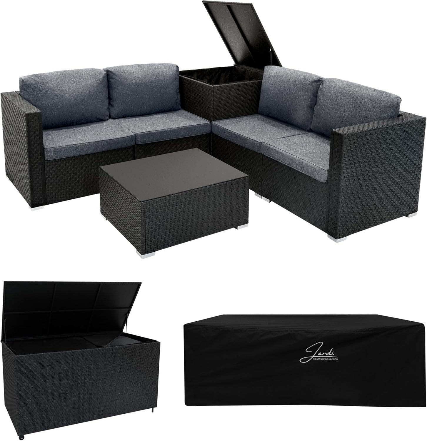 Rattan Garden Furniture Set 6PC Black Sofa Table 700L+250L Storage Cover