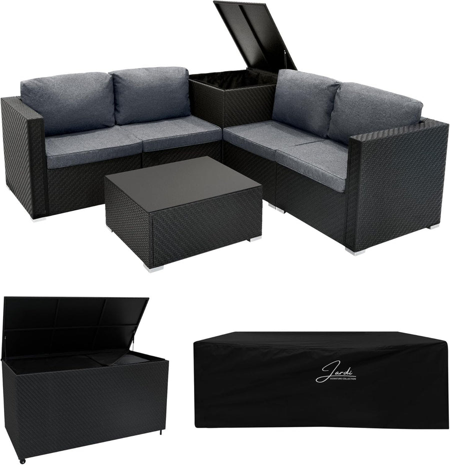 Rattan Garden Furniture Set 6PC Black Sofa Table 700L+250L Storage Cover
