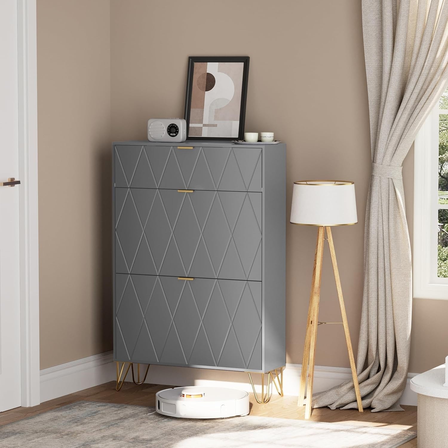 Modern Tilting Shoe Cabinet 16 Pair Storage 3 Compartment Hidden Shelf 80x120cm