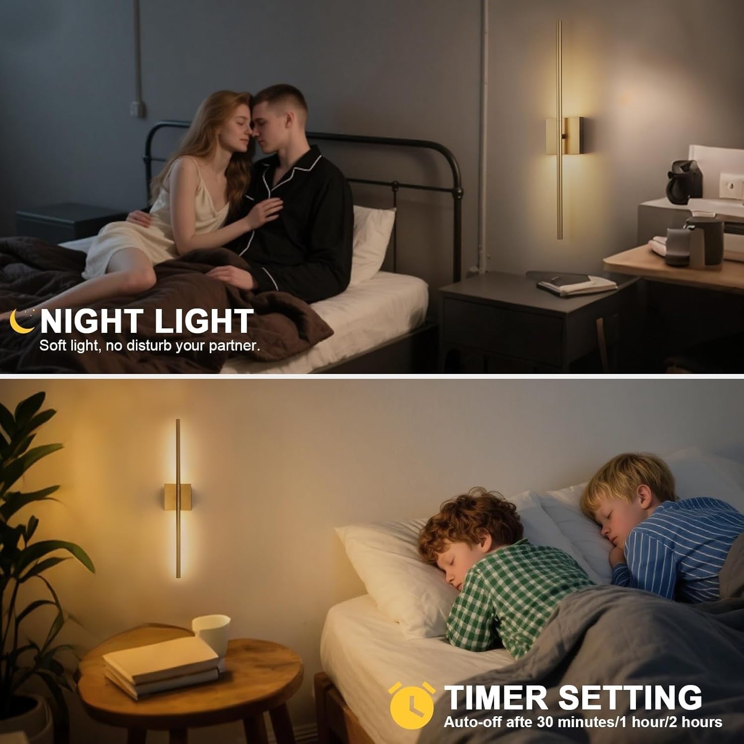 Rechargeable LED Wall Lights 2-Pack Dimmable Touch Remote 3 Color 70CM Gold