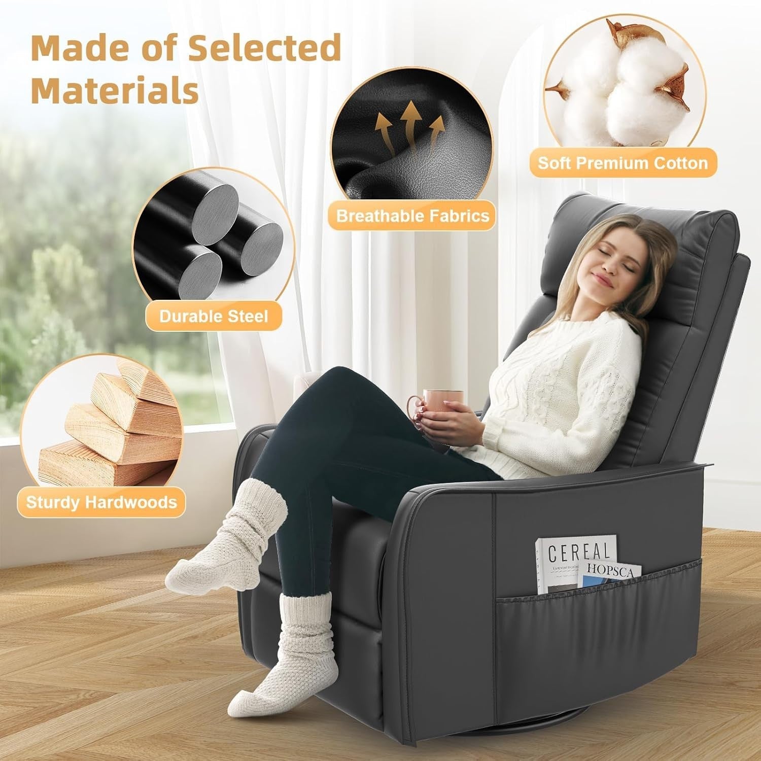 Swivel Recliner Chair Massage Heat 135° Recline Footrest Dual Pockets
