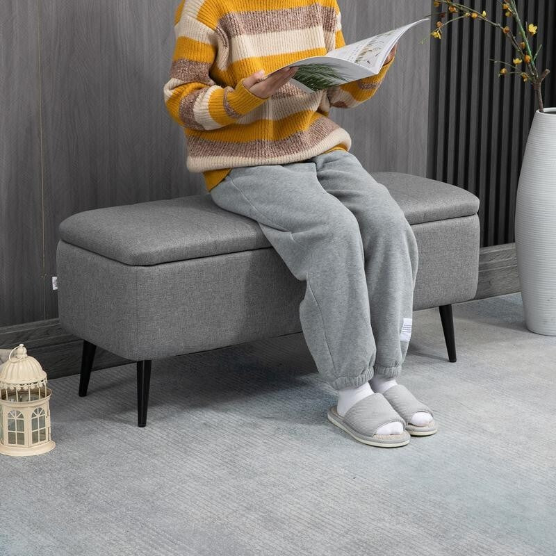 Grey Storage Ottoman Bench Flip Top Upholstered Seat Linen Fabric 102cm