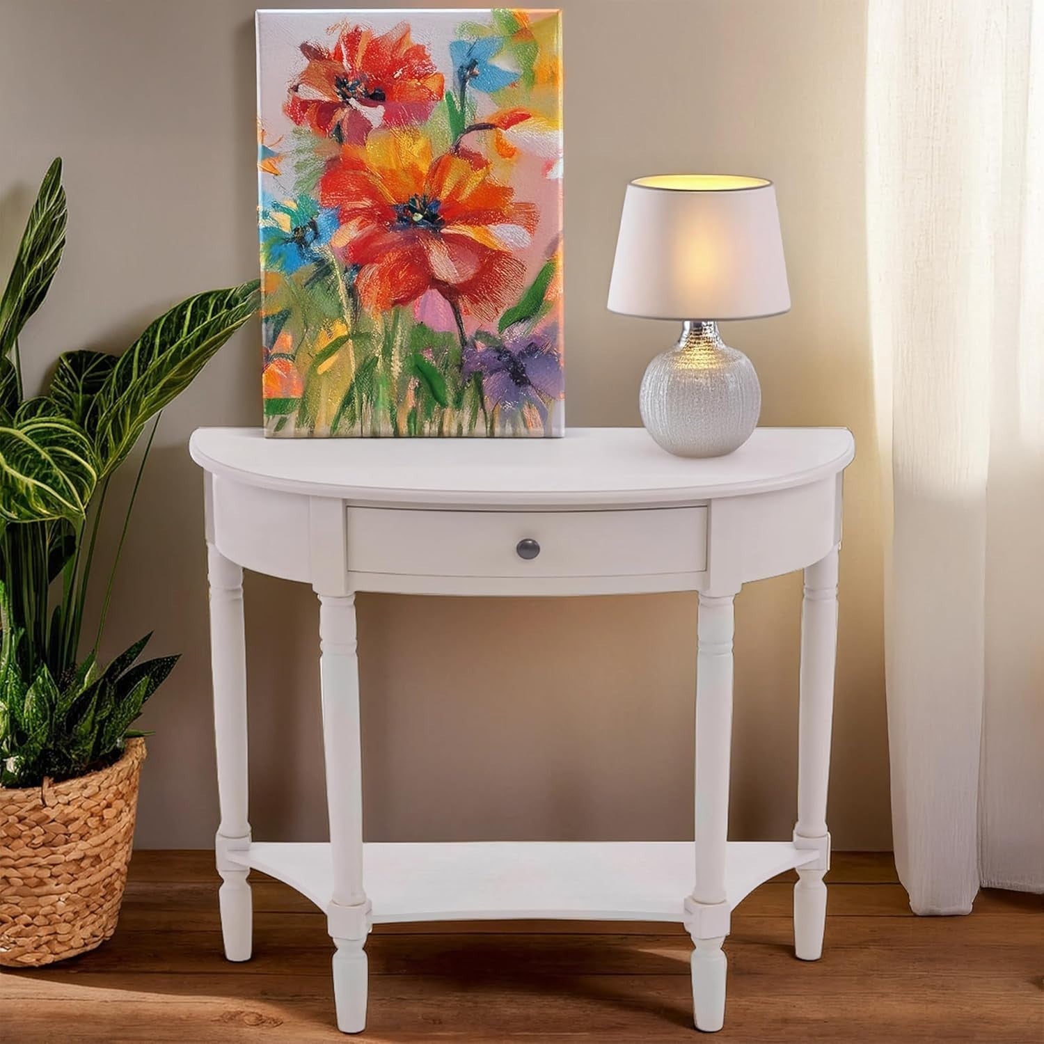 Narrow Half Moon Console Table with Drawer, Slim Hallway Accent 78cm