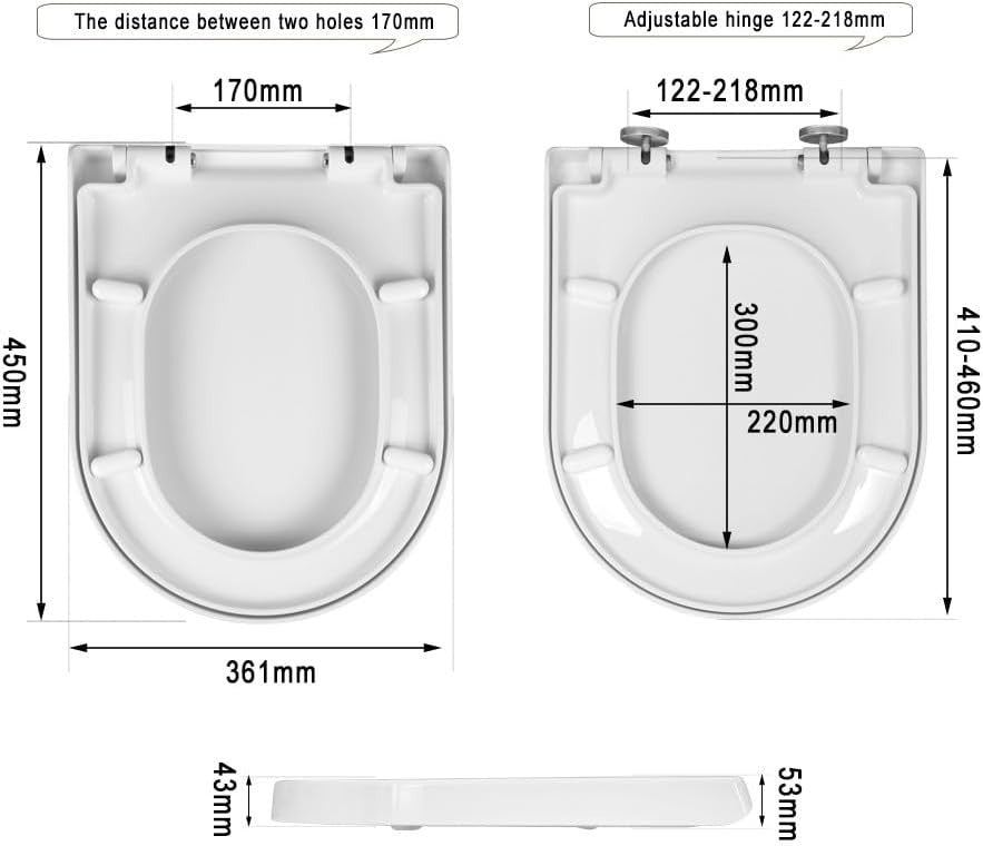 D-Shape Toilet Seat White Soft Close Quick Release Adjustable Hinge Top Fix