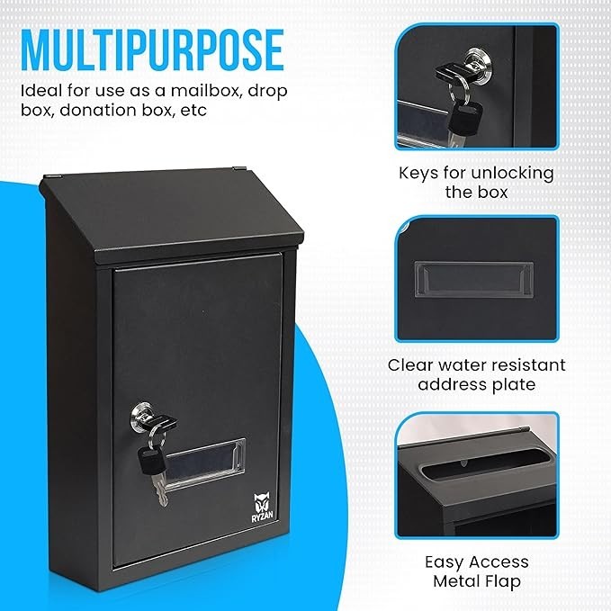 Secure Wall Mounted Mailbox Outdoor Letterbox Black Steel Lock Post Holder